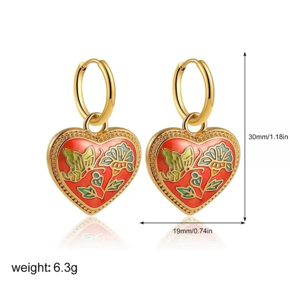 Vintage Ethnic Red Enamel 18K Gold Stainless Steel Gold Heart Earrings - Picture 3 of 8